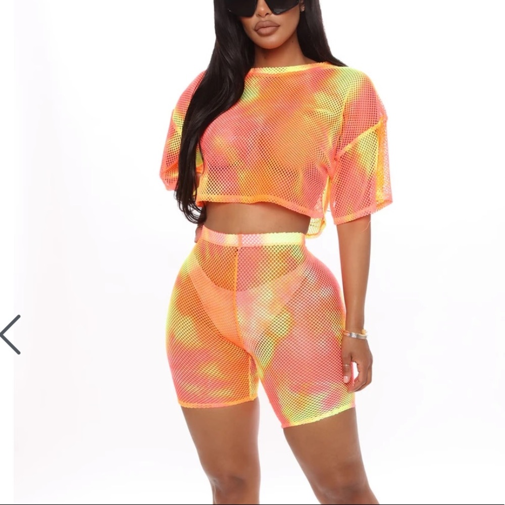 Tie Dye Biker Short Set - Neon Coral